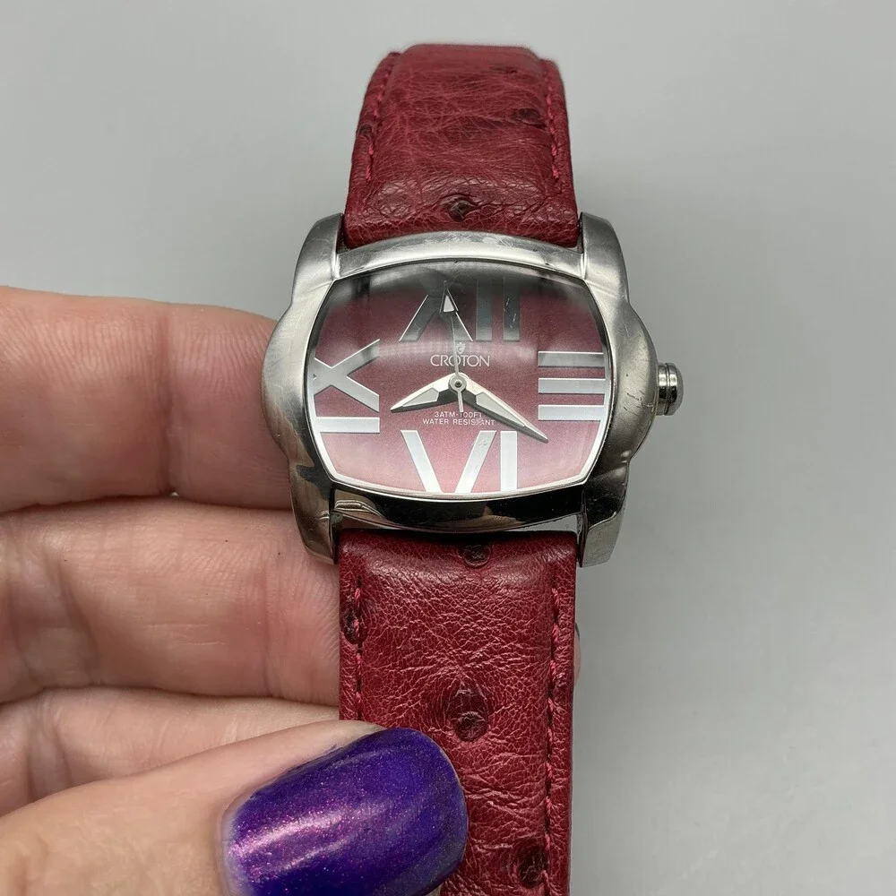 Croton Womens Watch 33mm Silver Tone Red Cushion Ostrich Leather New Battery